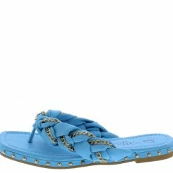 MACHI Shoes Elbes Blue Pu Chain Braid Open Toe Stud Thong Slide Sandal
