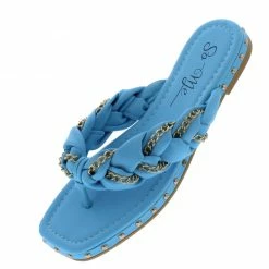 MACHI Shoes Elbes Blue Pu Chain Braid Open Toe Stud Thong Slide Sandal