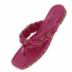 MACHI What's New Elbes Pink Pu Chain Braid Open Toe Stud Thong Slide Sandal