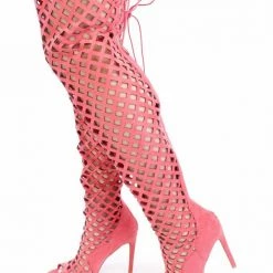 CAPE ROBBIN Boots Elnora1 Berry Open Toe Multi Diamond Cut Out Lace Up Boot