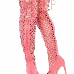 CAPE ROBBIN Boots Elnora1 Berry Open Toe Multi Diamond Cut Out Lace Up Boot