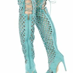 CAPE ROBBIN Boots Elnora1 Turquoise Open Toe Multi Diamond Cut Out Lace Up Boot