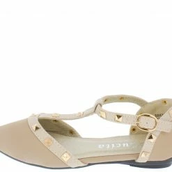 SUP Fp288km Beige Nub Almond Toe T-strap Stud Kids Flat