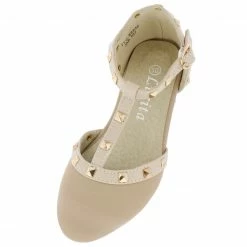 SUP Fp288km Beige Nub Almond Toe T-strap Stud Kids Flat