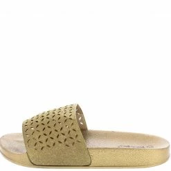 TWIN TIGER Shoes Fluff03 Gold Laser Cut Flat Platform Slide On Sandal