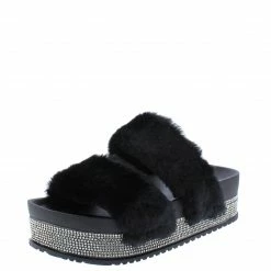 SUP Furry502w Black Faux Fur Dual Strap Sparkle Slide Flat Shoes