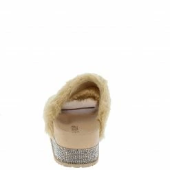 SUP Furry502w Camel Faux Fur Dual Strap Sparkle Slide Flat