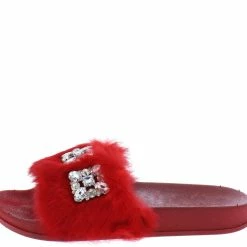 In Touch Shoes Cecilia258 Red Jeweled Faux Fur Mule Slide Sandal