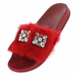 In Touch Shoes Cecilia258 Red Jeweled Faux Fur Mule Slide Sandal