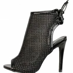 Liliana Shoes Hannah246 Black Peep Toe Rear Lace Up Rhinestone Mesh Heel