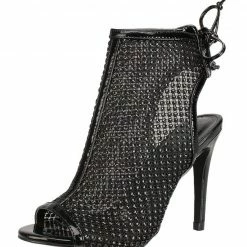 Liliana Shoes Hannah246 Black Peep Toe Rear Lace Up Rhinestone Mesh Heel