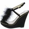 QUPID Glory175 Black Open Toe Feather T Strap Slingback Wedge Shoes