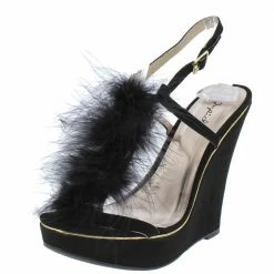 QUPID Glory175 Black Open Toe Feather T Strap Slingback Wedge Shoes