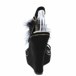 QUPID Glory175 Black Open Toe Feather T Strap Slingback Wedge Shoes