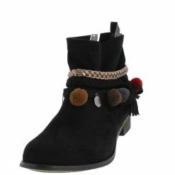 ATHENA Grace1 Black Multi Strap Pom Pom Disk Detailed Ankle Boot