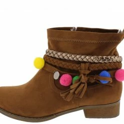 ATHENA Grace1 Camel Multi Strap Pom Pom Disk Detailed Ankle Boot