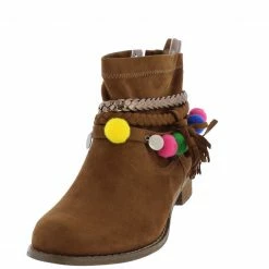 ATHENA Grace1 Camel Multi Strap Pom Pom Disk Detailed Ankle Boot