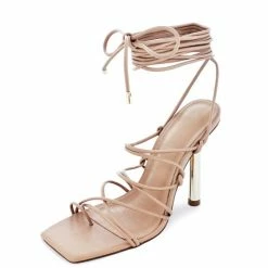 Liliana Lenny03 Nude Square Open Toe Strappy Ankle Wrap Heel