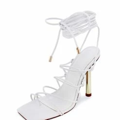 Liliana Lenny03 White Square Open Toe Strappy Ankle Wrap Heel