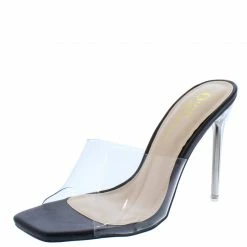 OIL J What's New Itzy Black Patent Lucite Open Toe Mule Stiletto Lucite Heel