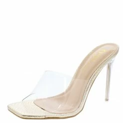 OIL J Itzy Gold Metallic Lucite Open Toe Mule Stiletto Lucite Heel