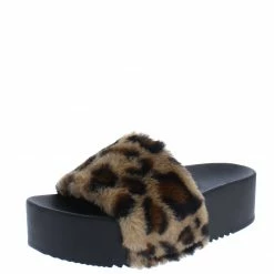 Liliana What's New Carolyn119 Leopard Open Toe Faux Fur Slide Sandal