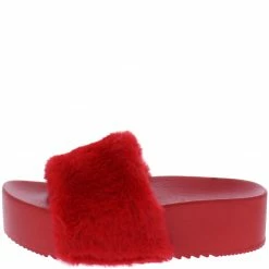 Liliana Carolyn119 Red Open Toe Faux Fur Slide Sandal