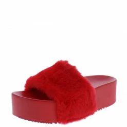 Liliana Carolyn119 Red Open Toe Faux Fur Slide Sandal
