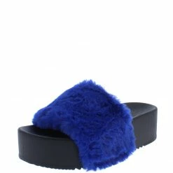 Liliana Carolyn119 Royal Blue Open Toe Faux Fur Slide Sandal What's New