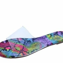 Liliana Shoes Deanna163 New Multi Snake Lucite Open Toe Flat Slide Sandal