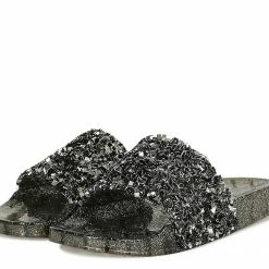 Weeboo Jelly01 Black Sparkle Beaded Open Toe Mule Jelly Sandal