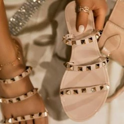 Legend What's New Joanie211 Nude Studded Tri Strap Open Toe Slide Sandal