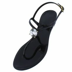 Liliana Ellen033 Black Thong Open Toe T Strap Rhinestone Sandal