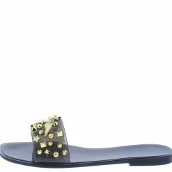 Liliana Ernestine173 Black Studded Lucite Open Toe Slide Sandal Shoes