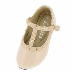 DUPLICATE KD106KS BEIGE PAT CLOSED TOE T-STRAP STUD INFANT FLAT