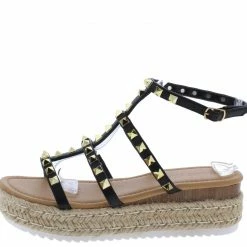Legend Klara52 Black Pu Studded Open Toe Gladiator Espadrille Sandal