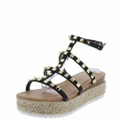 Legend Klara52 Black Pu Studded Open Toe Gladiator Espadrille Sandal