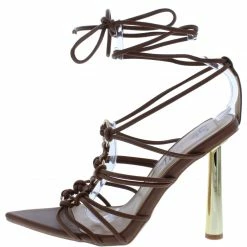 MACHI Kahlo Mocha Pu Strappy Knotted Ring Open Toe Gold Heel What's New