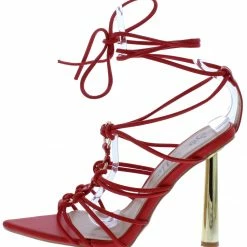 MACHI What's New Kahlo Red Pu Strappy Knotted Ring Open Toe Gold Heel