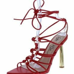 MACHI What's New Kahlo Red Pu Strappy Knotted Ring Open Toe Gold Heel