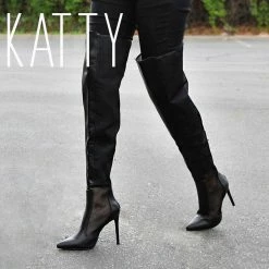 MACHI Boots Katty Black Mesh Over The Knee Stiletto Boot