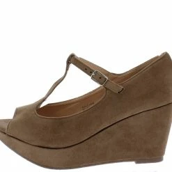 In Touch Samm196 Taupe Peep Toe T Strap Platform Wedge Shoes