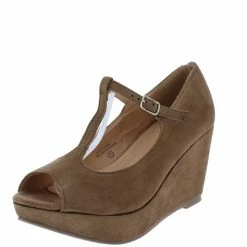 In Touch Samm196 Taupe Peep Toe T Strap Platform Wedge Shoes
