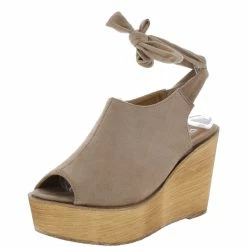 WESTWOOD Kite04 Taupe Peep Toe Ankle Tie Platform Wood Wedge What's New