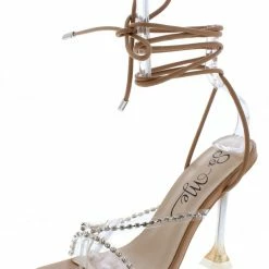 MACHI Lamia Nude Pu Rhinestone Cross Strap Open Toe Ankle Wrap Heel