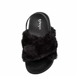 QUPID Lexee01 Black Fur Cross Strap Slingback Flat Kids Sandal