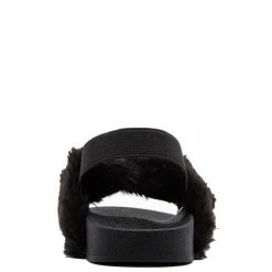 QUPID Lexee01 Black Fur Cross Strap Slingback Flat Kids Sandal