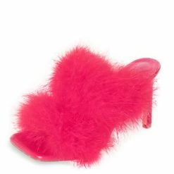 Liliana Ula011 Hot Pink Furry Dual Strap Mule Stiletto Heel