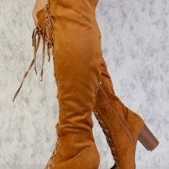 ATHENA Lara Camel Almond Toe Scalloped Lace Up Knee High Boot Boots