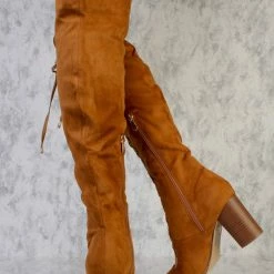 ATHENA Lara Camel Almond Toe Scalloped Lace Up Knee High Boot Boots